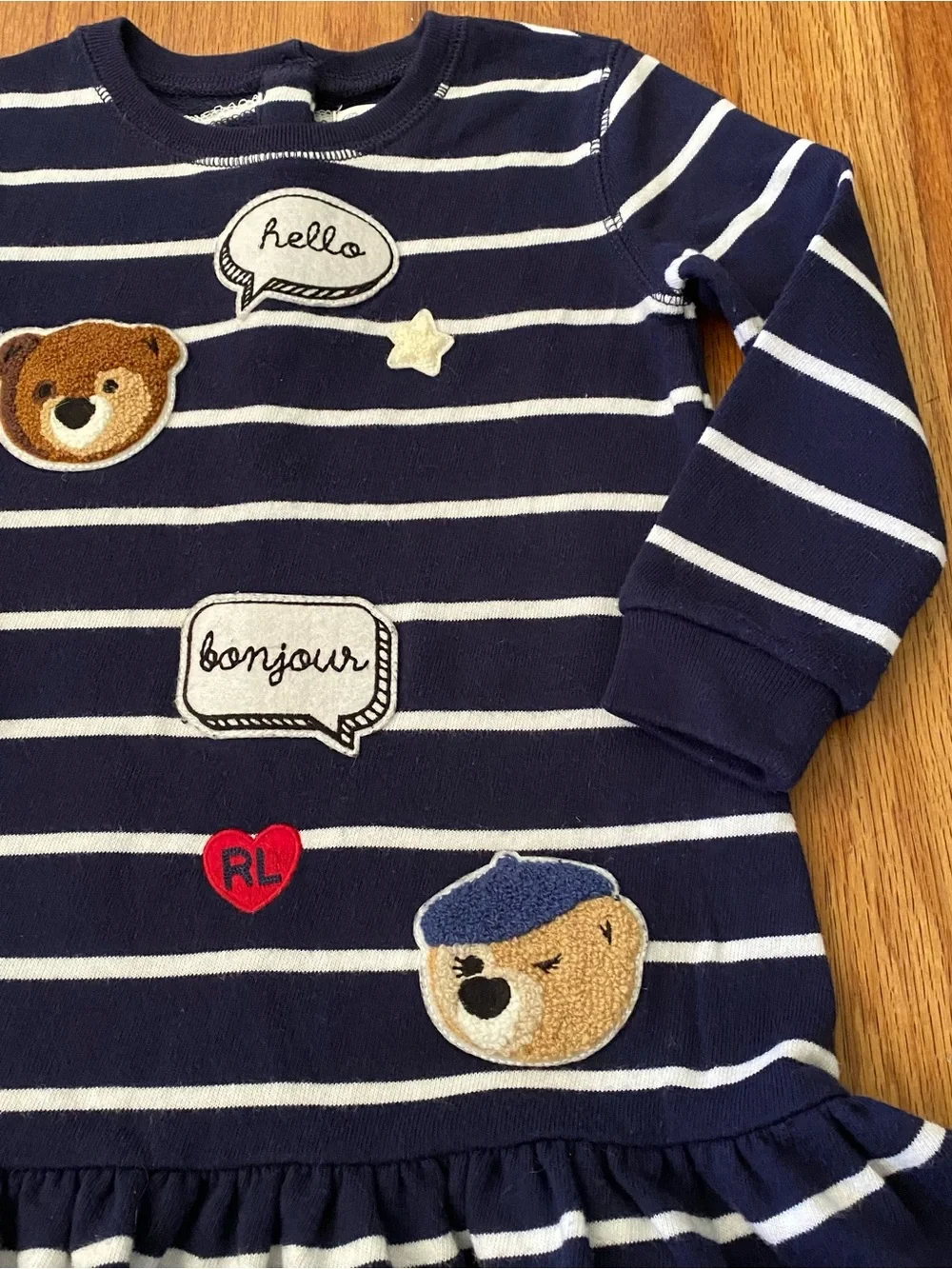 Ralph Lauren Navy and White Striped Knit Dress with Bear Patches